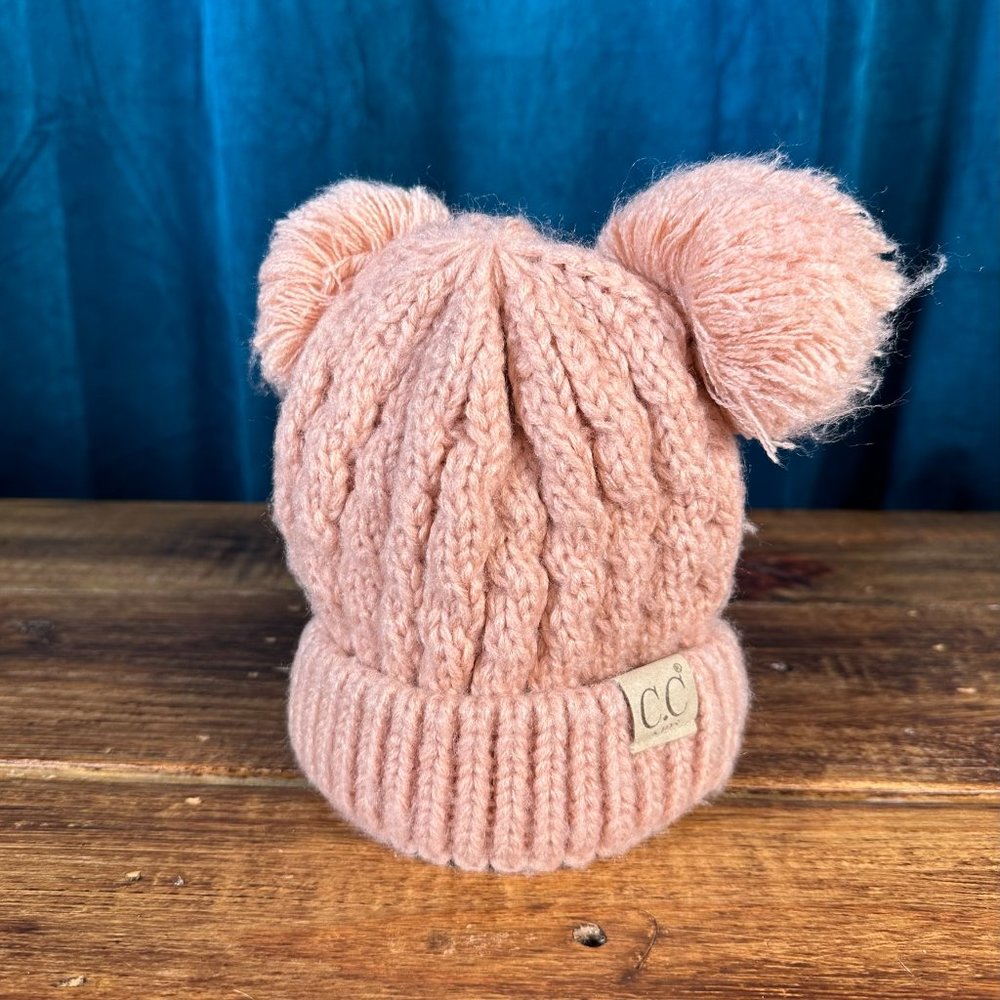 CC Creations Kids Double Pom Knitted Beanies Pink - Picture 3 of 4